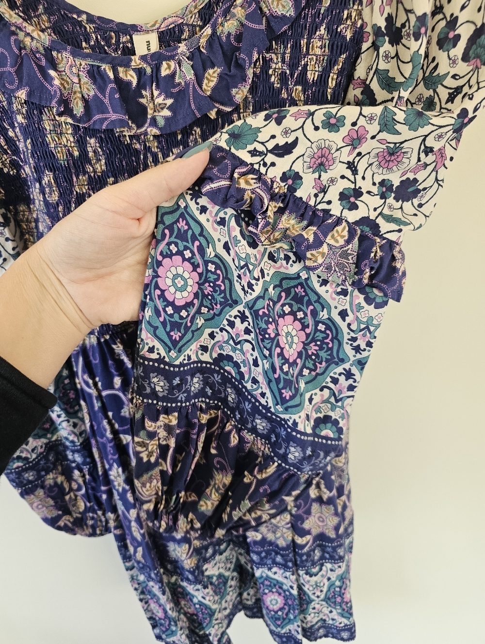 Spell Clairvoyant Bohemian Floral Long-Sleeve Mini Dress in Blue - Picture 8 of 8